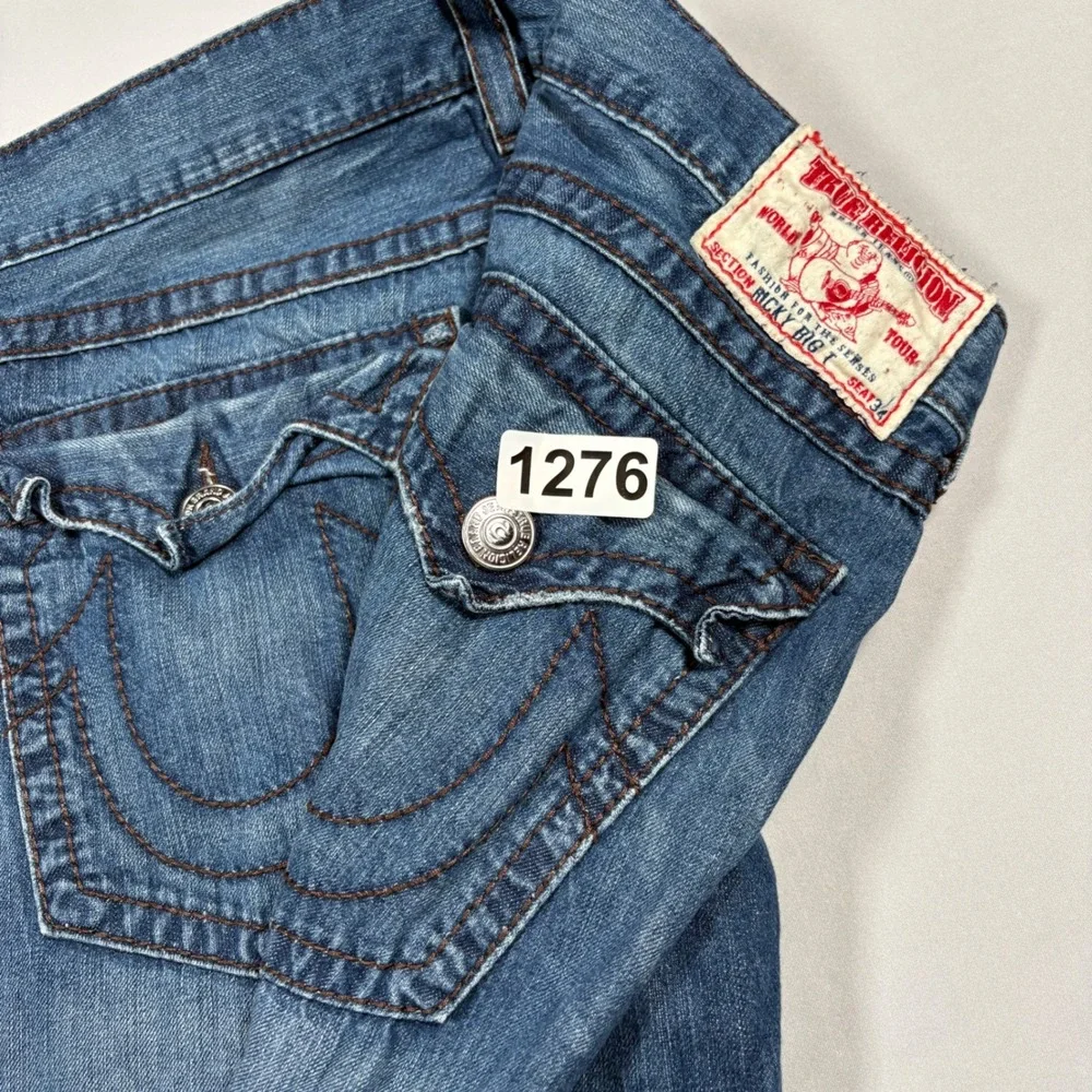 True Religion Jeans Mens 38x34 Ricky Big T Blue Straight Leg Contrast Stitch EUC